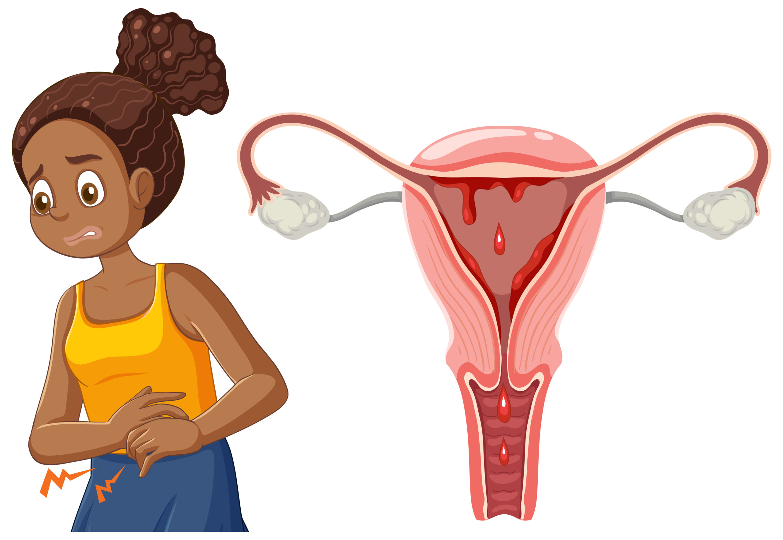 African American Girl Experiencing Menstrual Cramps During Puberty illustration